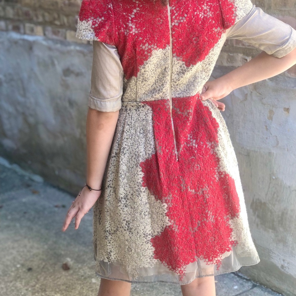 Pinco Pallino Red & Beige Lace Dress with Striped Ribbon Collar - Picture 6 of 16